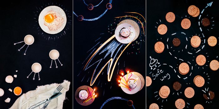  Overhead натюрморт фотографии идеи триптих веселой еды фотографии на темном фоне с рисунками мелом