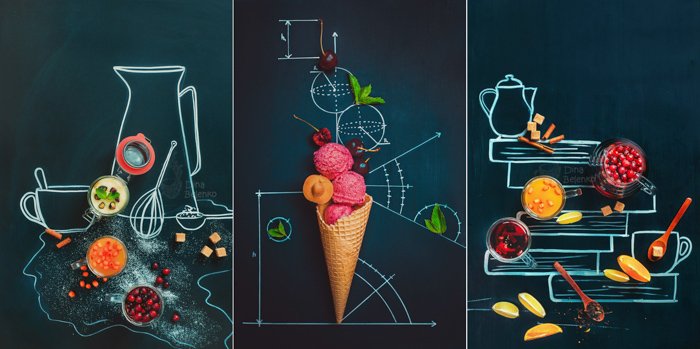  Накладной триптих забавной фотографии еды, позирующей на доске с рисунками мелом - идеи для фотосъемки натюрмортов. 