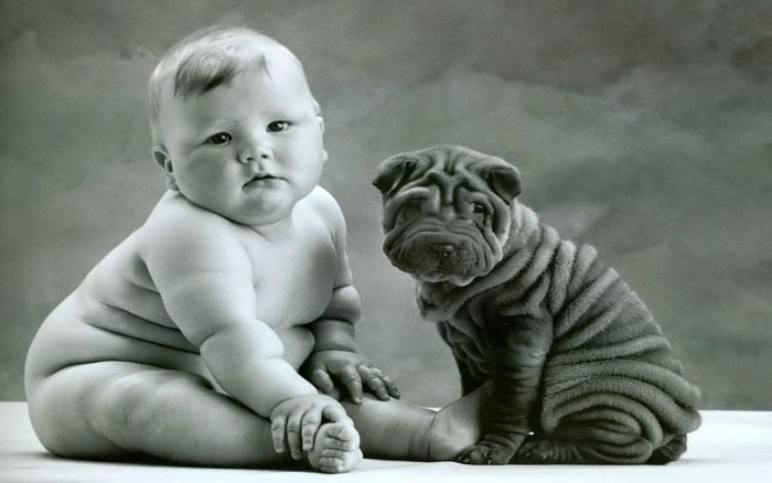 Anne Geddes black and white portrait of the chubby baby posed beside the puppy 