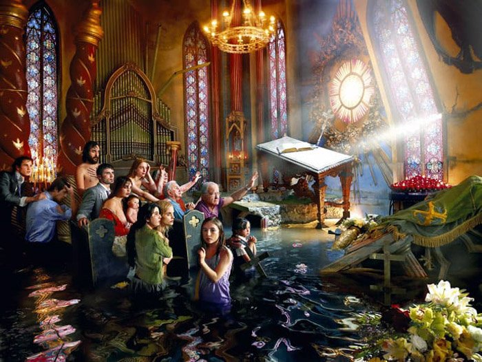 David LaChapelle hype realistic shot of the flooded church 