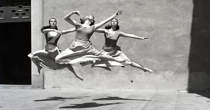 Imogen Cunningham photo of three female dancers in mid air