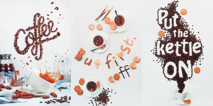 Триптих фуд-фотографии с использованием кофейных зерен и печенья для написания слов 