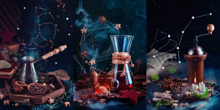 Волшебный натюрморт триптих оборудования для варки кофе на темном фоне