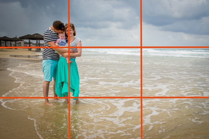 Пара с маленьким ребенком позирует на пляже с наложенной линией сетки по правилу третей - идеи семейных фотографий
