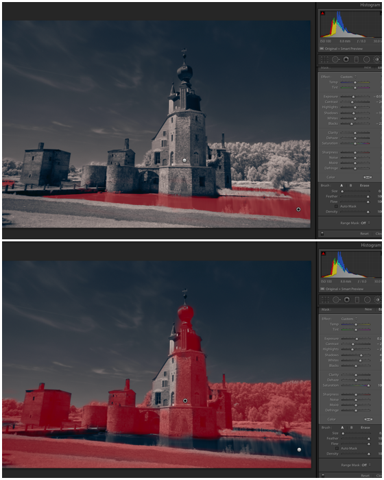 Снимок разделенного экрана с использованием инструмента кисти в Lightroom для редактирования инфракрасной фотографии
