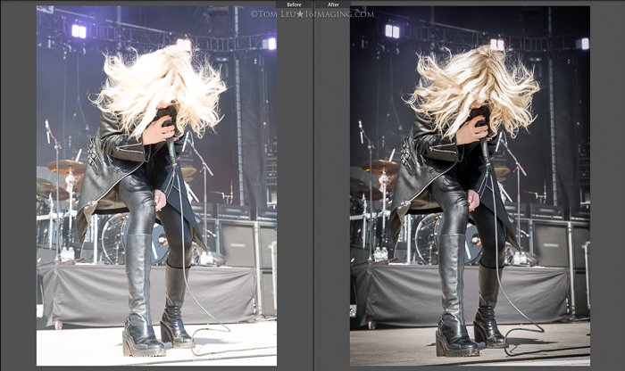 Диптих фотографий певицы-блондинки на сцене до и после монтажа концертной фотографии в lightroom