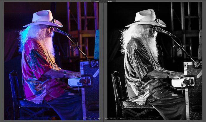 Диптих фотографий длинноволосой пианистки на сцене до и после монтажа концертной фотографии в lightroom