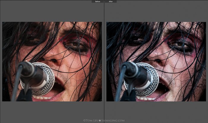 диптих фотографий крупного плана лица певца до и после редактирования концертной фотографии в lightroom