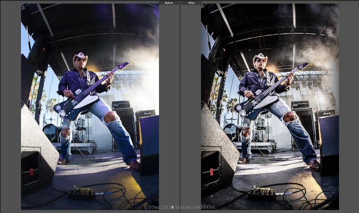 Диптих фотографий гитариста на сцене до и после монтажа концертной фотографии в lightroom
