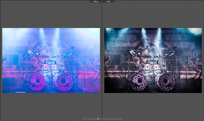 Диптих фотографий барабанной установки на сцене до и после монтажа концертной фотографии в lightroom
