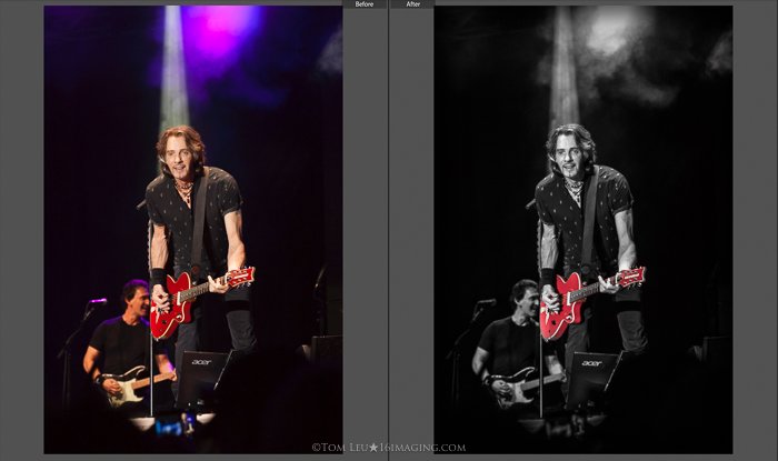 Диптих фотографий гитариста на сцене до и после монтажа концертной фотографии в lightroom