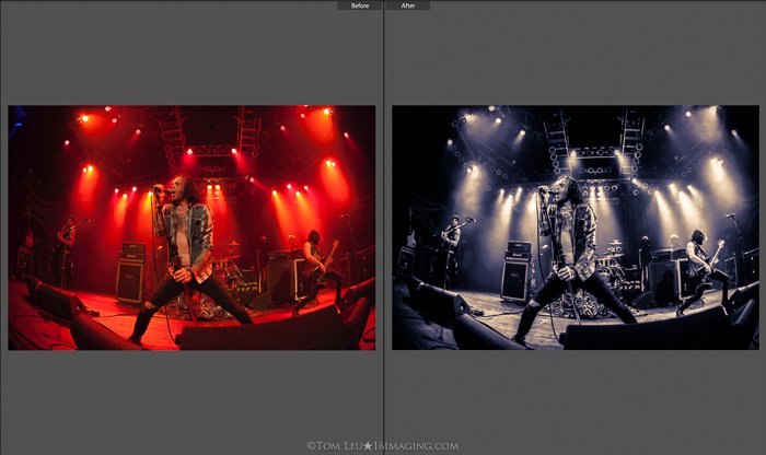 Диптих фотографий певца вживую на сцене до и после монтажа концертной фотографии в lightroom