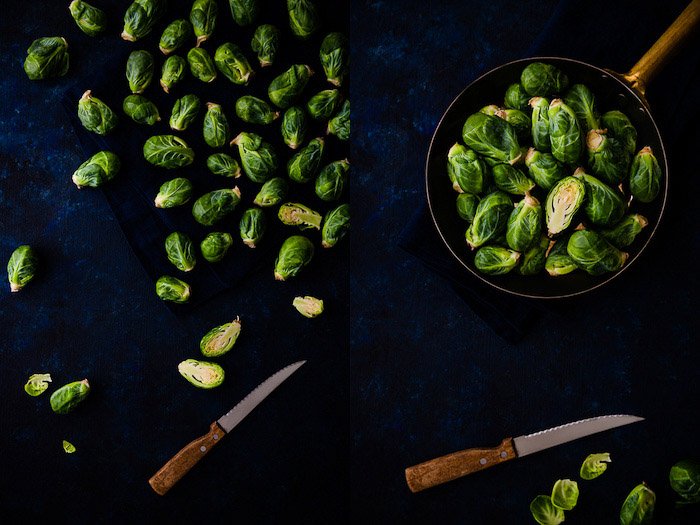 Overhead food photography diptych showing brussel sprouts in the dark and moody style=