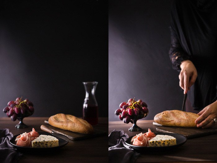 A food photography diptych showing a still life in the dark and moody style=