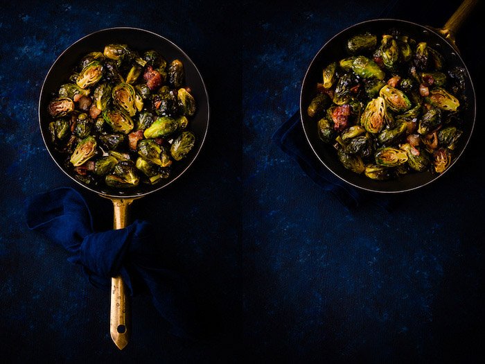 A food photography diptych showing a still life pan of brussel sprouts in a mystic light photography style=