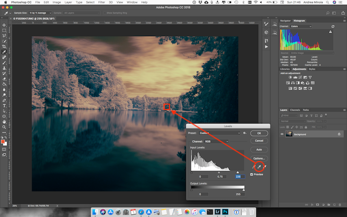 Скриншот редактирования инфракрасной фотографии пруда в Photoshop