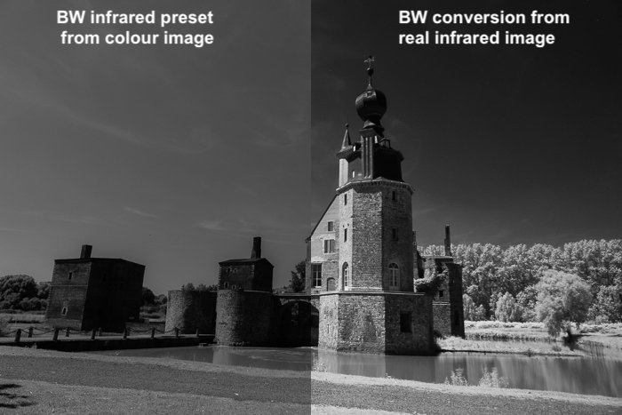 Разделенное изображение, показывающее сравнение между использованием инфракрасного пресета B&&W на цветном изображении и монохромным преобразованием реального ИК-изображения. 