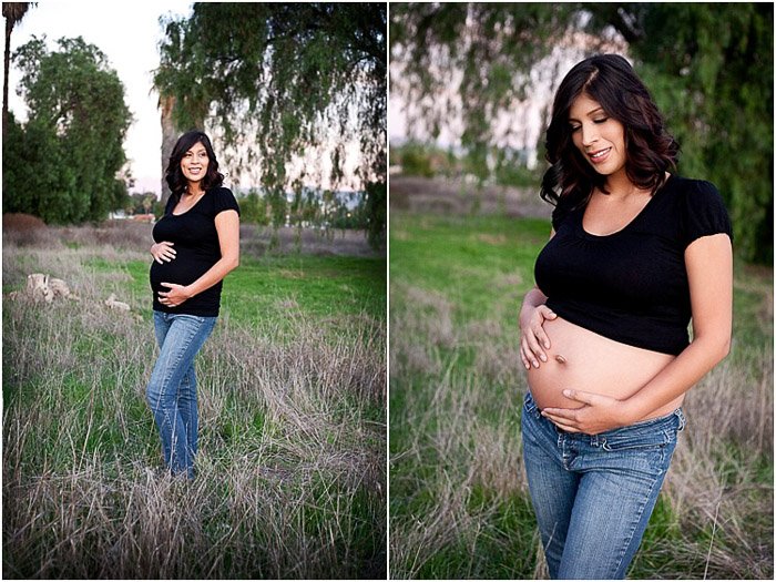 Диптих портрет беременной женщины на улице в разных позах для фотосъемки материнства
