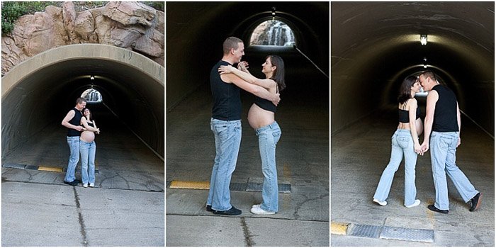 Триптих портрет пары, позирующей на открытом воздухе у дорожного туннеля для фотосессии материнства