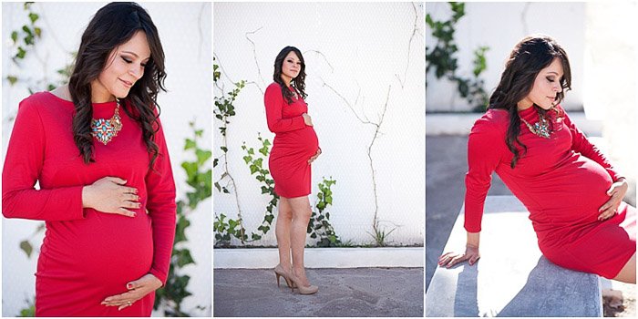Триптих фото беременной женщины в красном в разных позах для фотосъемки материнства
