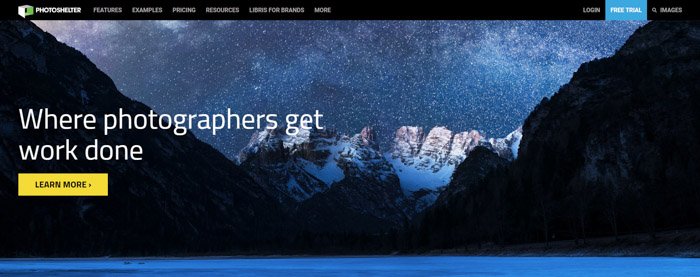 Скриншот домашней страницы Photoshelter для продажи фотографий онлайн