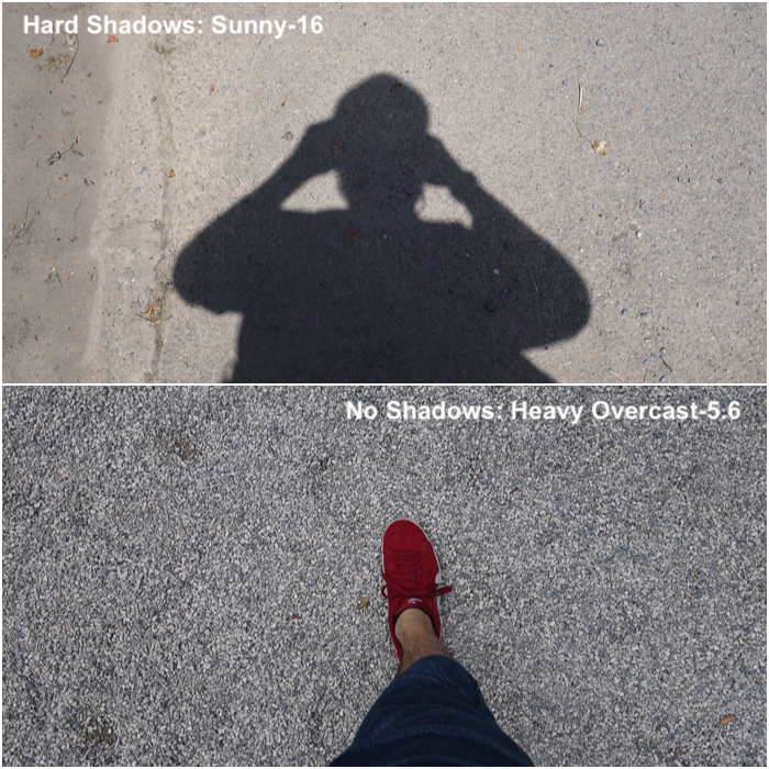 Диптих, показывающий разницу между использованием правила sunny-16 при жестких тенях и overcast-5.6 при отсутствии теней