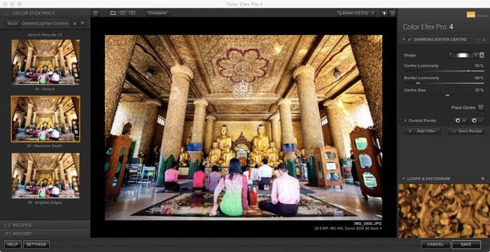 Скриншот использования фильтра программы Nik Color Efex, который можно использовать для добавления виньетки при редактировании изображений путешественников