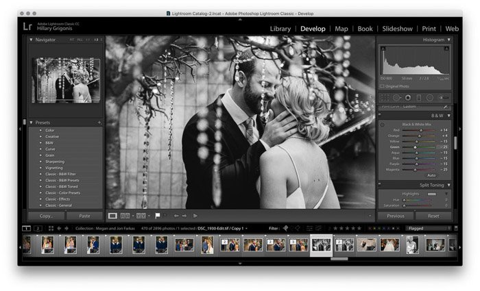 Скриншот редактирования свадебных фотографий в Lightroom - черно-белая свадебная фотография