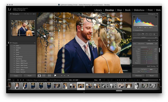 Скриншот редактирования свадебных фотографий в Lightroom - баланс белого и hsl