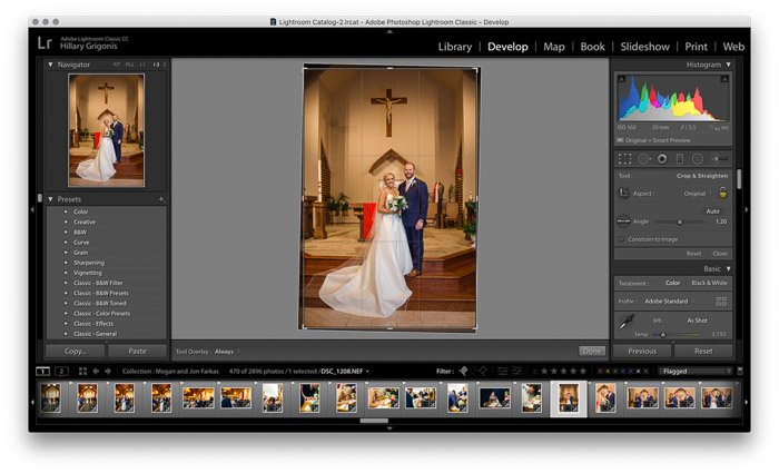 Скриншот редактирования свадебных фотографий в Lightroom - инструмент кадрирования