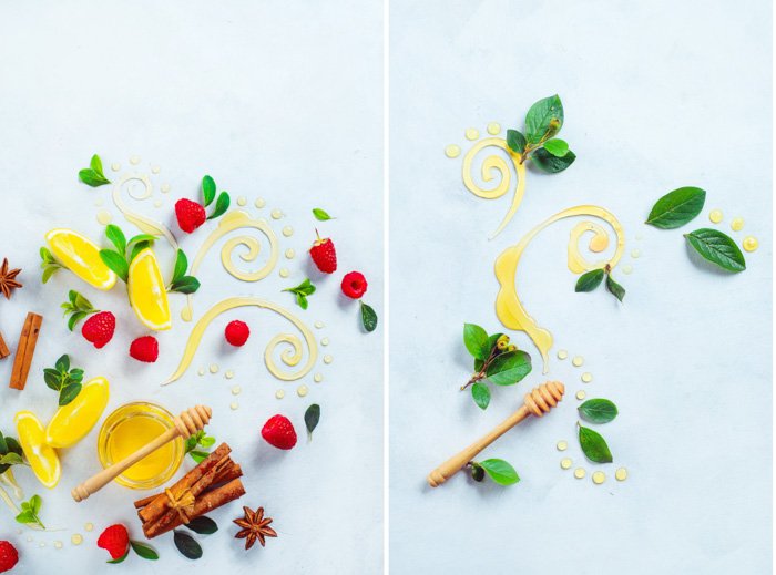 Светлый и воздушный диптих с медом, фруктами и листьями, посвященный фотографии еды