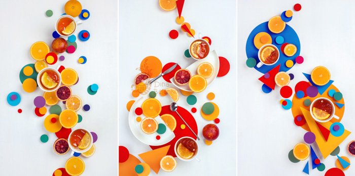 Three photo grid of colourful abstract flat lay 
