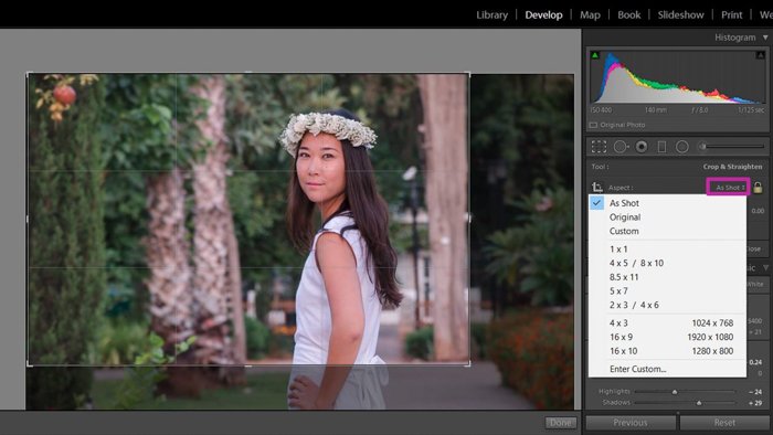 using lightroom to change aspect ration of photo of woman in the white dress and flower crown