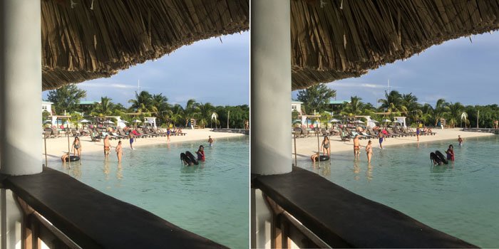 Диптих из одинаковых снимков пляжа, справа использован HDR для фотосъемки iphone 