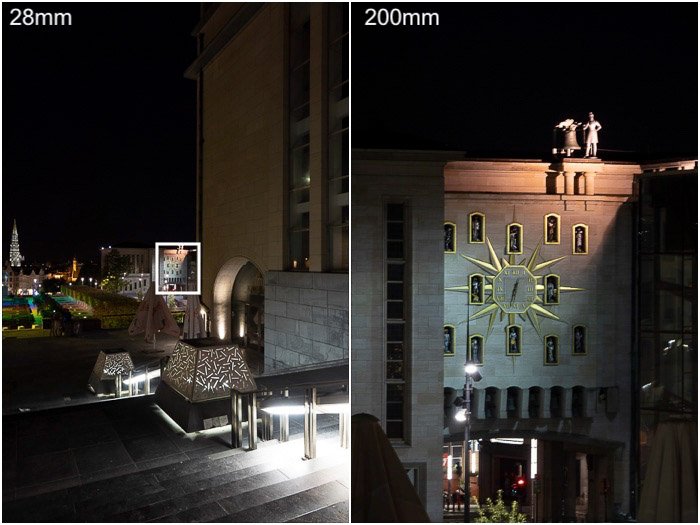 Диптих с ночным городским пейзажем и крупным планом, демонстрирующий быстрый суперзум на профессиональной камере Sony RX10