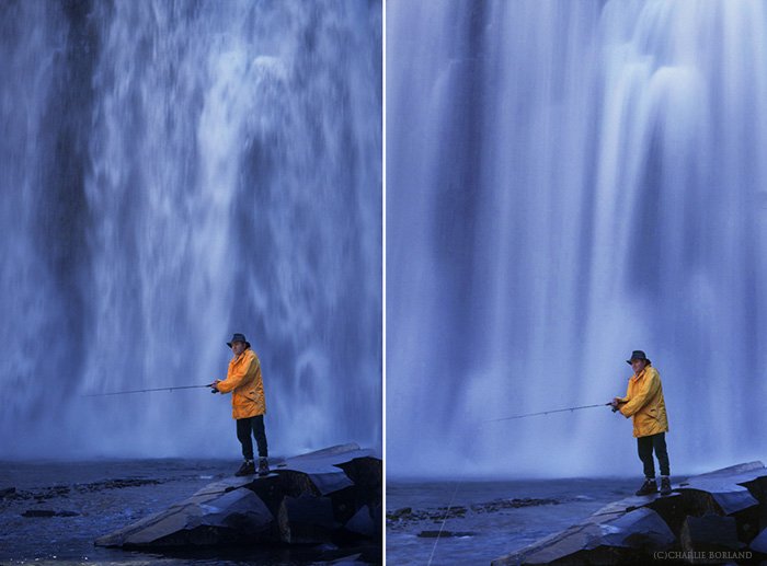 сравнение двух фотографий бок о бок, мужчина в желтом рыбачит на скале перед водопадом, сравнивая выдержку