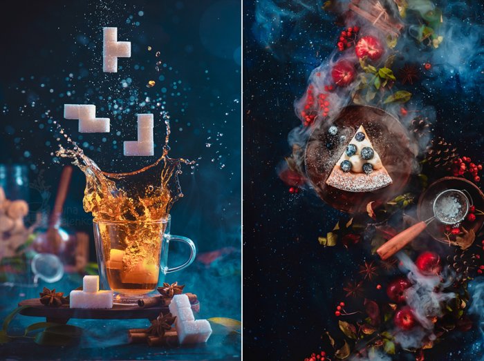 Брызги чая в двустенном стакане с кусочками сахарного Тетриса. 8-битная видеоигра в реальной жизни концепция с копировальным пространством. Creative action food photography. использование цветов, контрастирующих с синим 