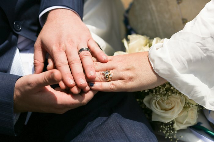 Close up wedding portrait of groom holding the brides hand - event photography guide