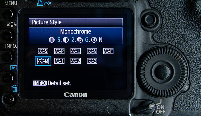 Close up of the scamera settings screen -Monochrome selected on Canon 5D Mark II.