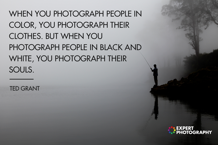 Атмосферная фотография силуэта мужчины на рыбалке, наложенная на черно-белые цитаты Теда Гранта