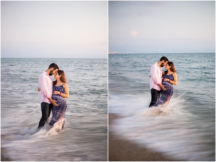 романтическая фотосессия материнства, пара стоит в море
