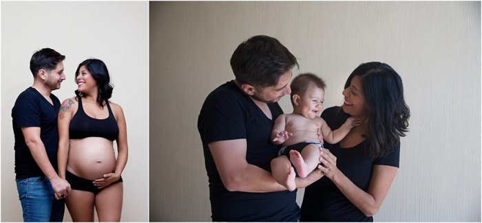 Фото до и после беременности. Слева муж и беременная жена, справа пара, держащая между собой смеющегося ребенка