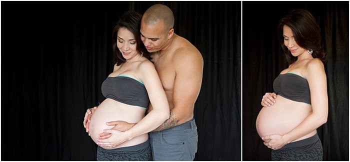 фотосессия беременных, черный фон, пара обнимает живот сзади