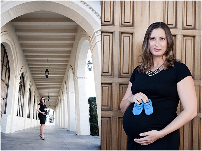 Красивый диптих фотографий беременной женщины в гладком черном платье, держащей в руках голубые детские ботиночки