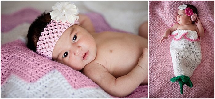 две фотографии. слева - крупный план ребенка с розовой повязкой на голове, лежащего на розовом одеяле. справа, малышка в русалочьей форме