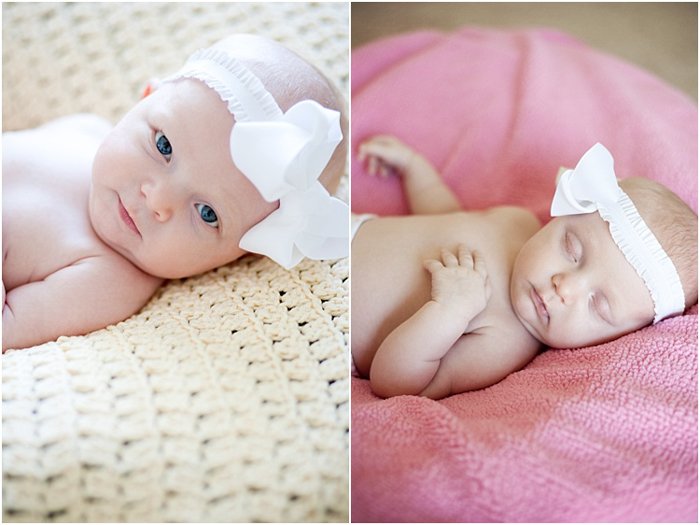 две фотографии малышки. слева лежит на тканом одеяле, на голове белая повязка. справа спит на розовой подушке.