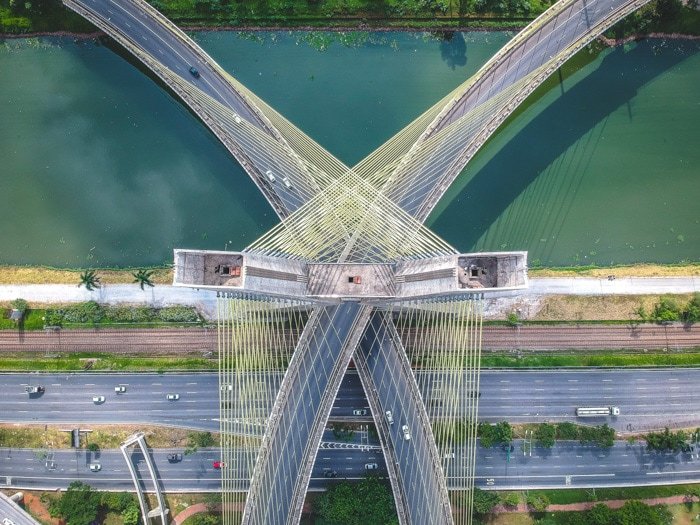 Потрясающая аэрофотосъемка движения на двух мостах через реку