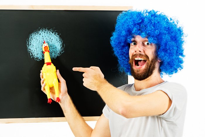 Человек в синем парике с резиновой курицей.