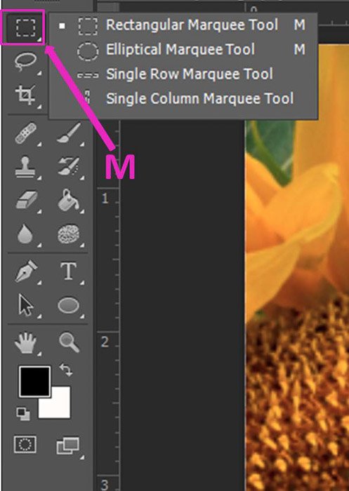 Скриншот открытия ярлыка Marquee Tool в Photoshop