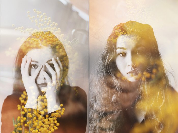 Dreamy diptych photography portrait of the female model using double exposure